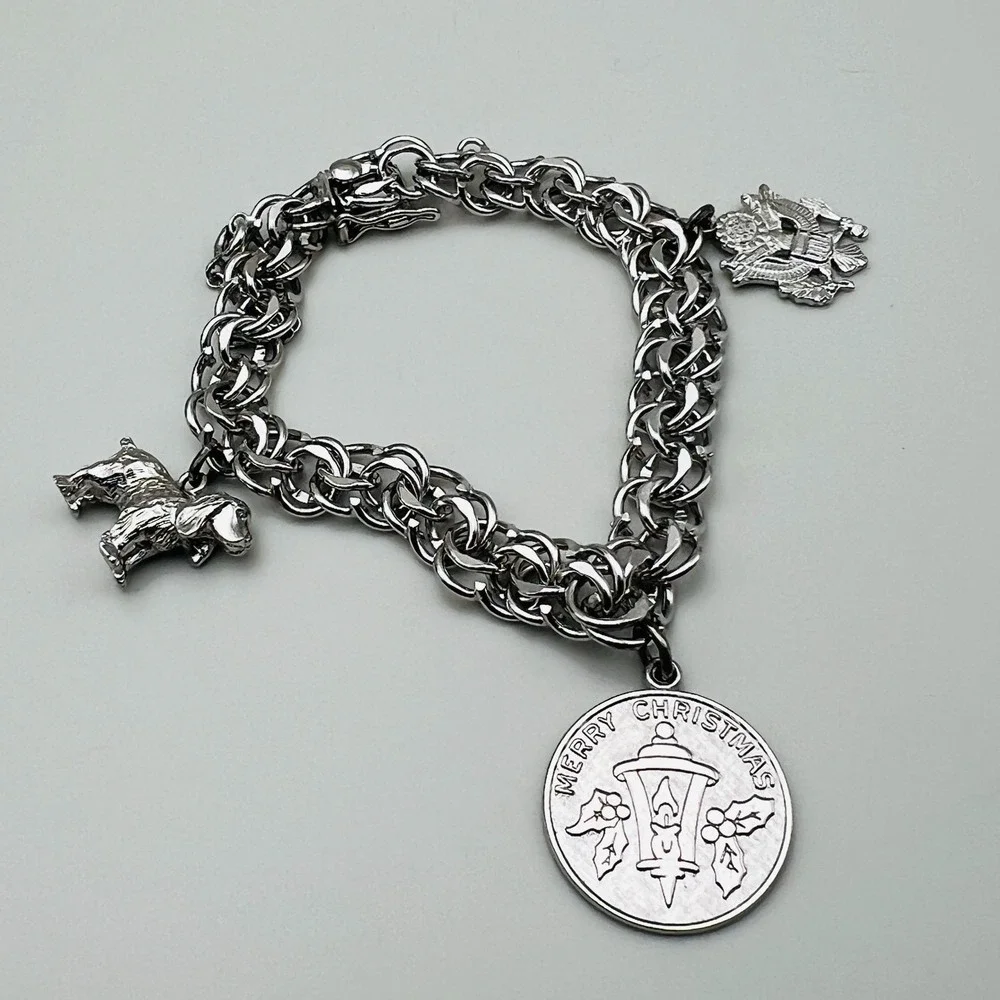 American Sterling Charm Bracelet vintage Dog Military Christmas Charms 27 grams